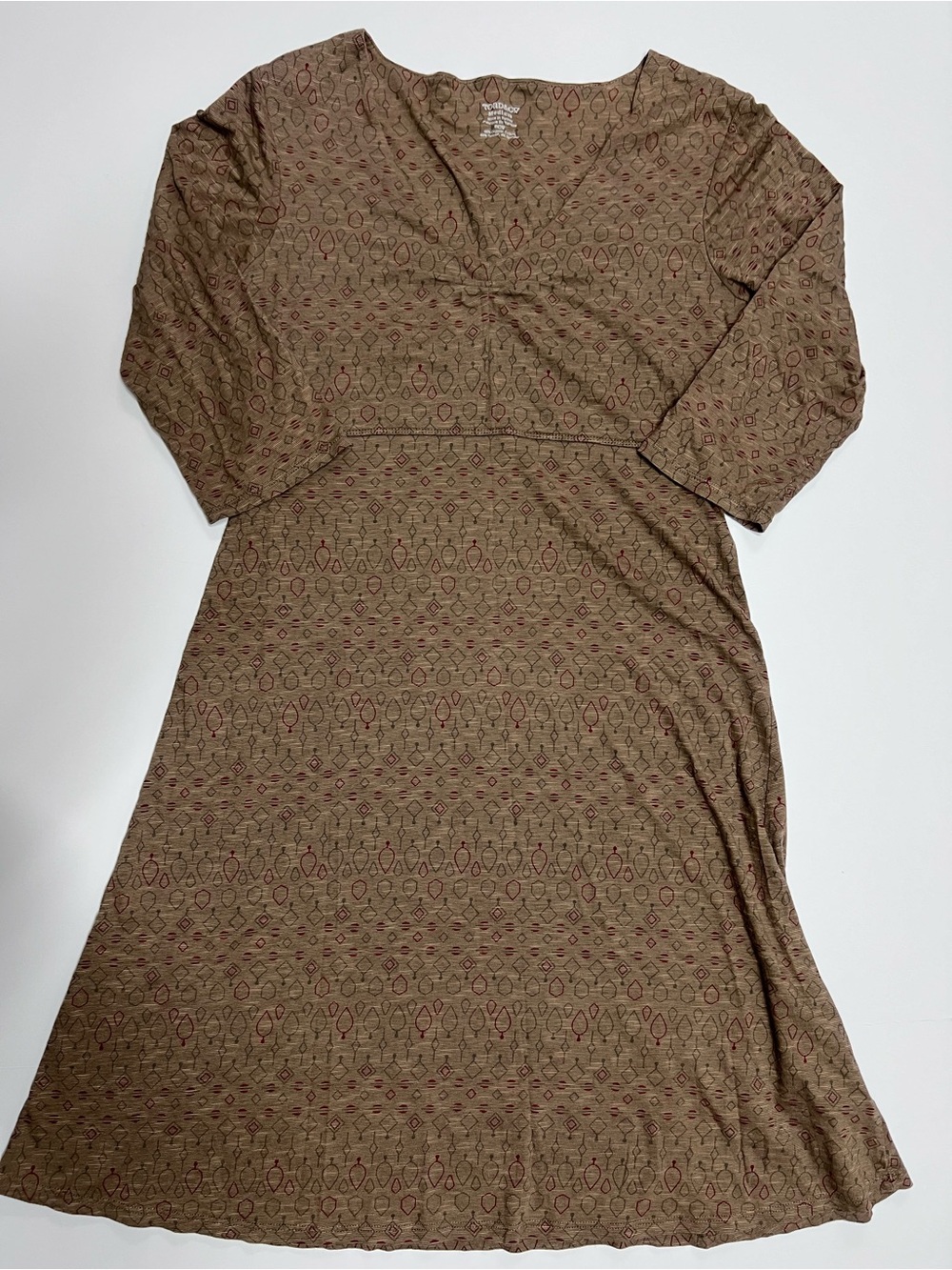 Toad&Co Organic Cotton Dress Brown Medium Geometric V Neck 3/4 Sleeve Casual